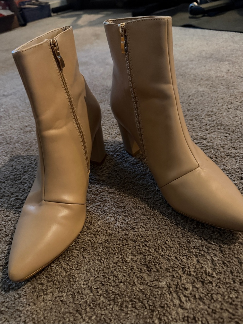 Lulu's Beige Pointed Toe Block Heel Ankle Boots